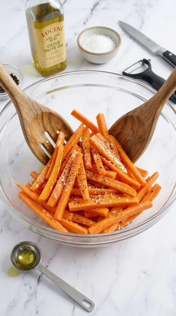 Tossing carrot fries with oil and seasoning