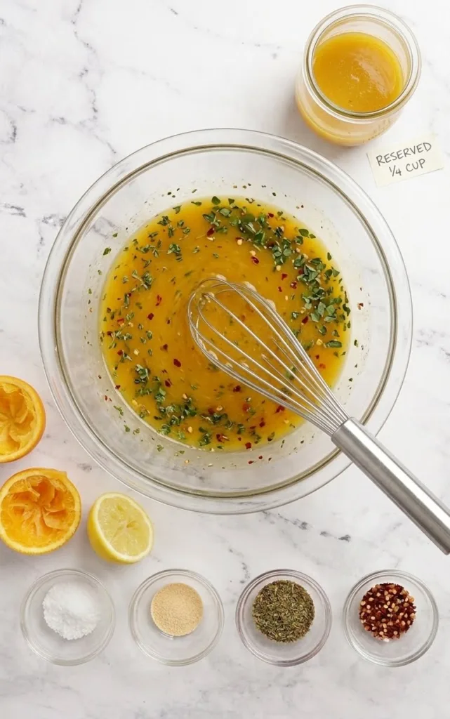 Whisking citrus Dijon marinade for grilled chicken