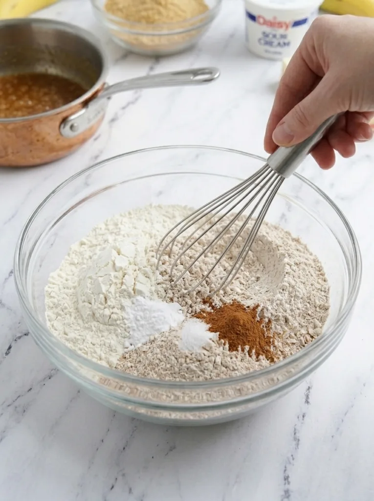 Caramel Banana Upside Down Cake (with Chocolate!) 15 Whisking dry ingredients for caramel banana cake batter