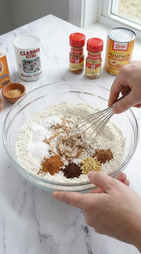 Whisking dry ingredients for cranberry pumpkin bread