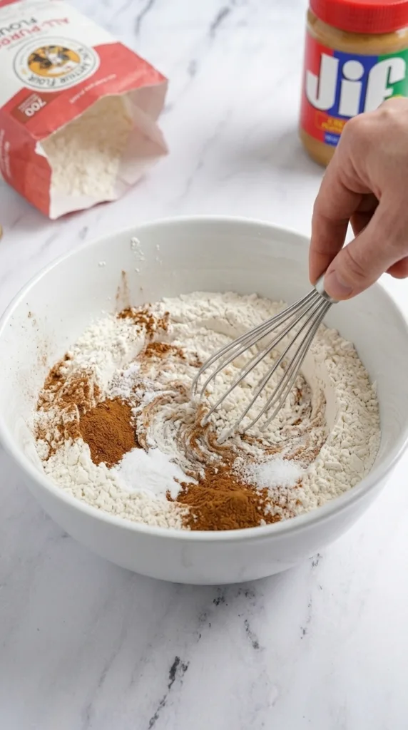 Whisking dry ingredients for peanut butter banana bread