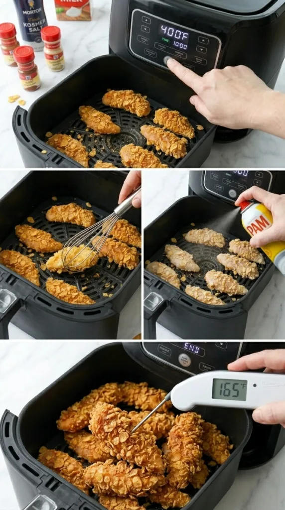Flipping cornflake chicken tenders in air fryer for even crispiness