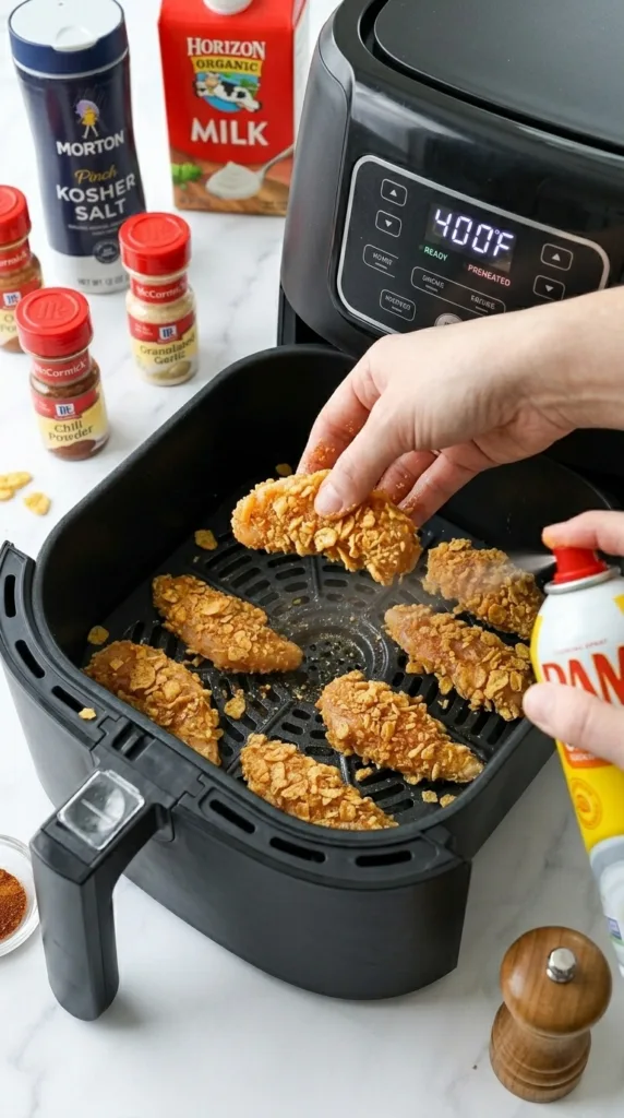 Coated cornflake chicken tenders in air fryer basket ready to cook