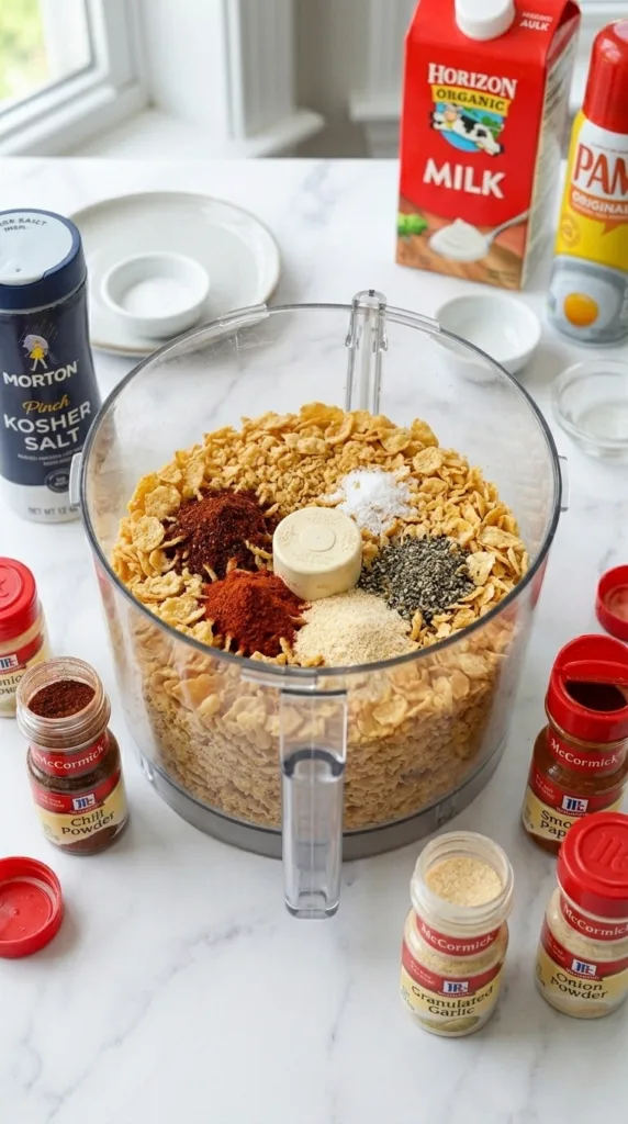 Crushing cornflakes with spices for crispy air fryer chicken coating
