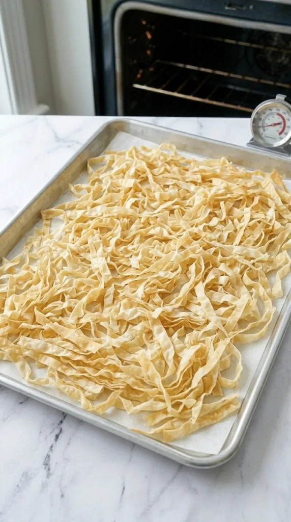 Dried filo pastry ready for crumbling into batter