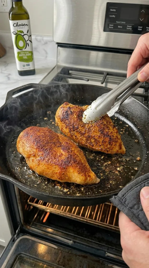 Best Juicy Chicken 101 Recipe 14 Flipping seared chicken breasts before oven finish