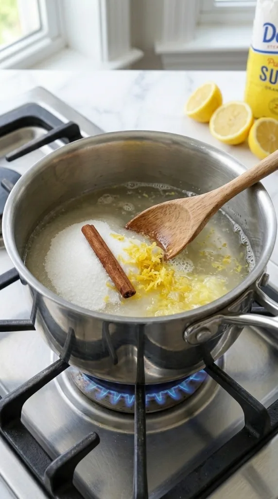 Making lemon-cinnamon syrup for lemonopita soak