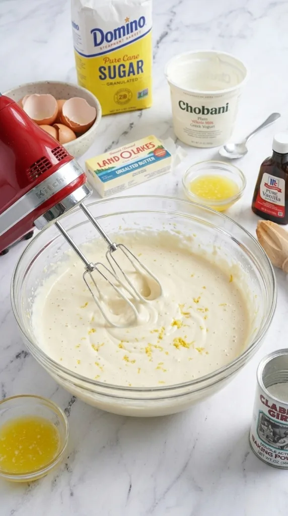 Mixing yogurt and lemon into lemonopita batter