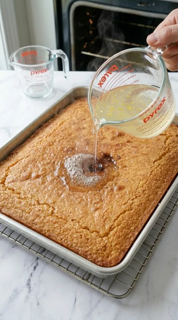 Pouring cooled lemon syrup over hot lemonopita