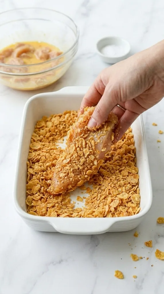 Pressing chicken tender into cornflake coating for air fryer crispiness
