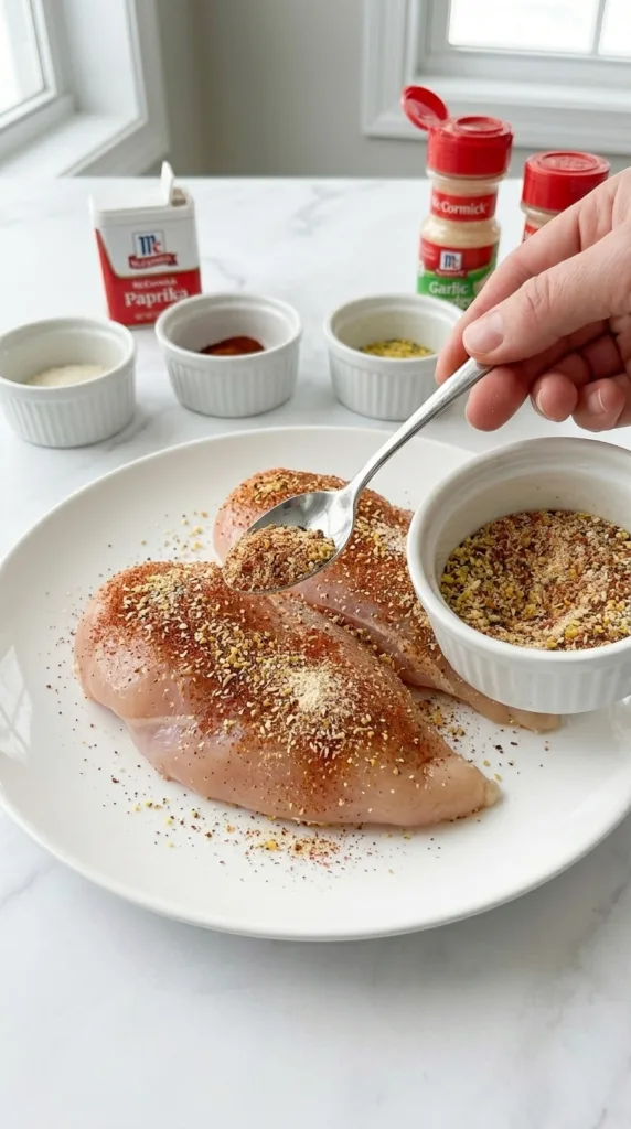 Best Juicy Chicken 101 Recipe 12 Seasoning chicken breasts with garlic salt, paprika, and lemon pepper