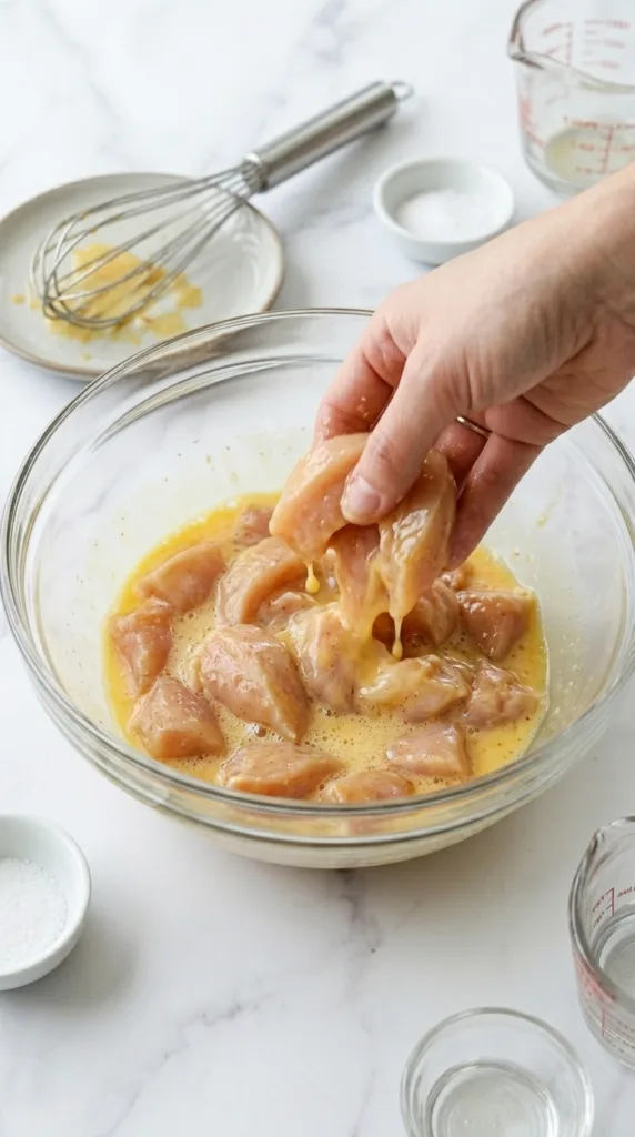 Tossing chicken tenders in egg wash for air fryer cornflake coating