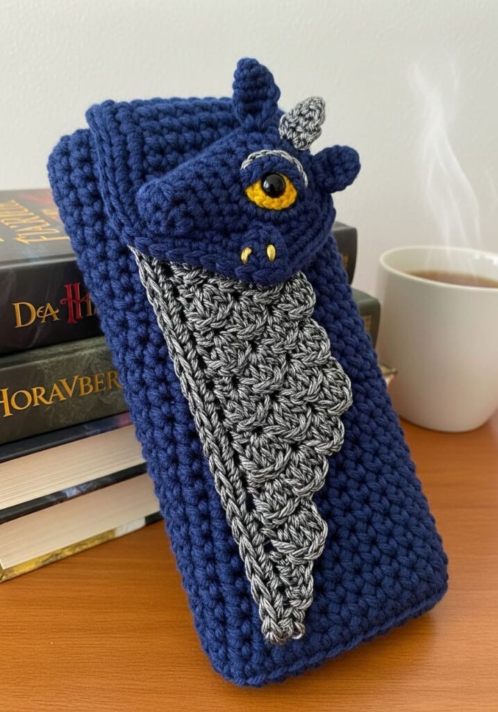 Blue crochet glasses case with metallic gray scales and golden eyes - Crochet Dragon Ideas: 25 Amazing Projects