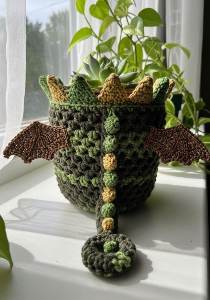 Crochet Dragon Plant Pot Cover - Crochet Dragon Ideas: 25 Amazing Projects