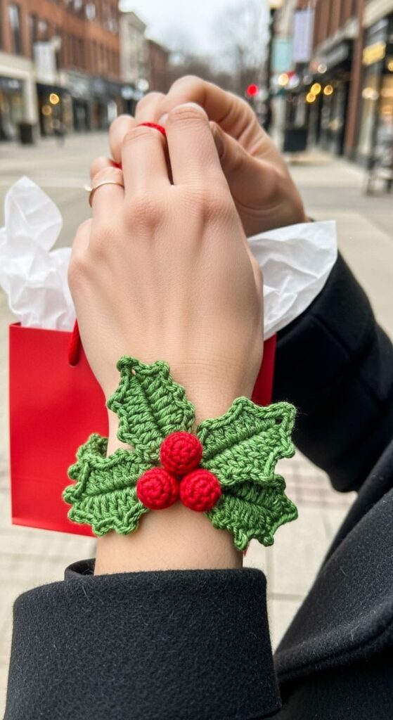 Holly Leaves & Berries Crochet Bracelet