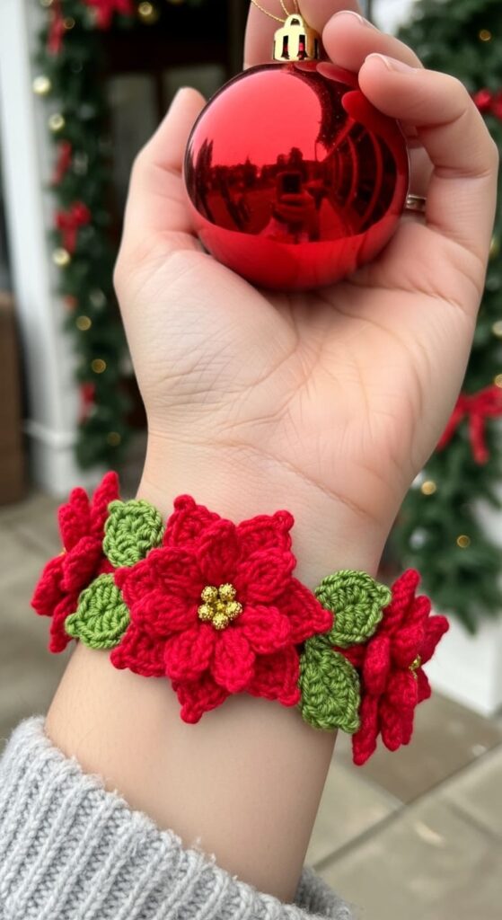 Poinsettia Flower Crochet Bracelet