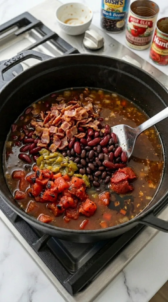 Adding beans, tomatoes, chilis, and bacon to chili pot