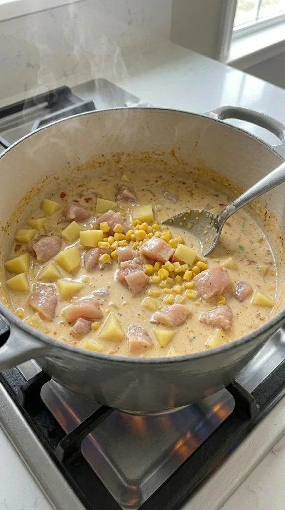 Best Creamy Chicken Corn Chowder 16 Adding broth, dairy, potatoes, chicken, and corn to chowder pot
