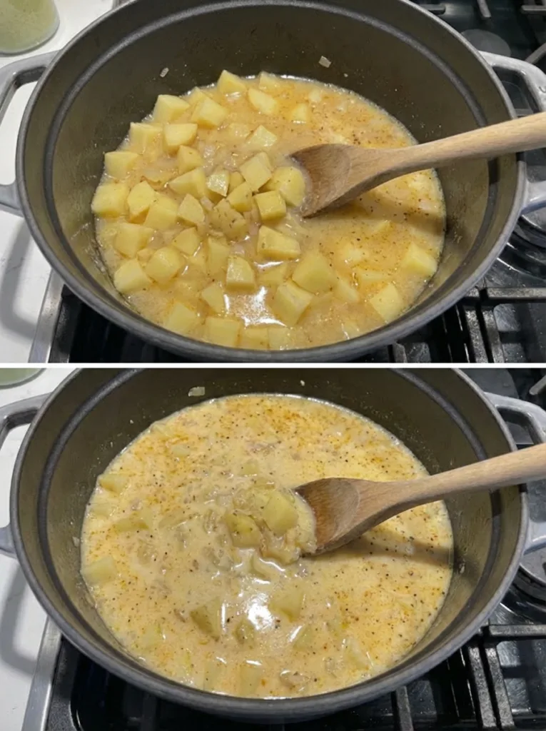 Adding diced gold potatoes and broth to potato soup pot
