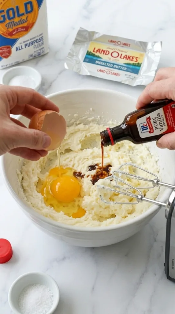 Adding egg yolk and vanilla to butter cookie dough