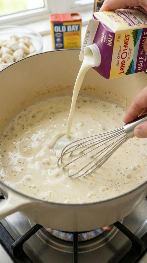The Best Cream of Crab Soup: Maryland Luxury 14 Adding half-and-half to roux for creamy base in cream of crab soup