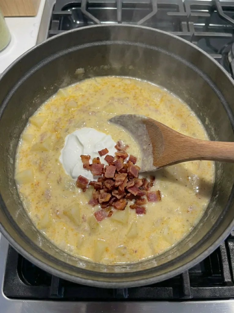 Adding sour cream and bacon to finish loaded potato soup