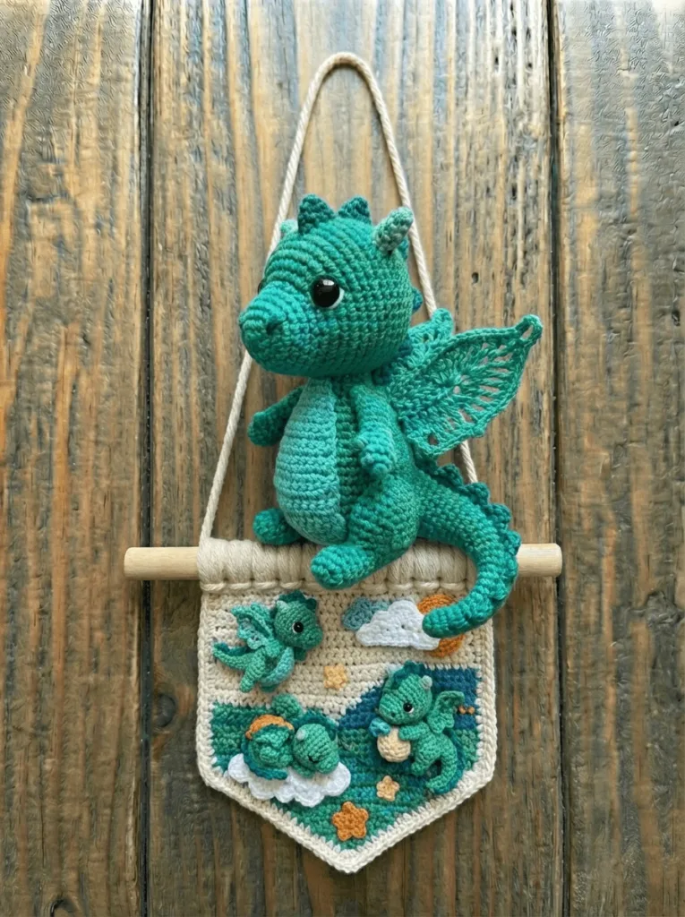 Amigurumi crochet baby dragon wall hanging made with plush yarn, handmade wall decor