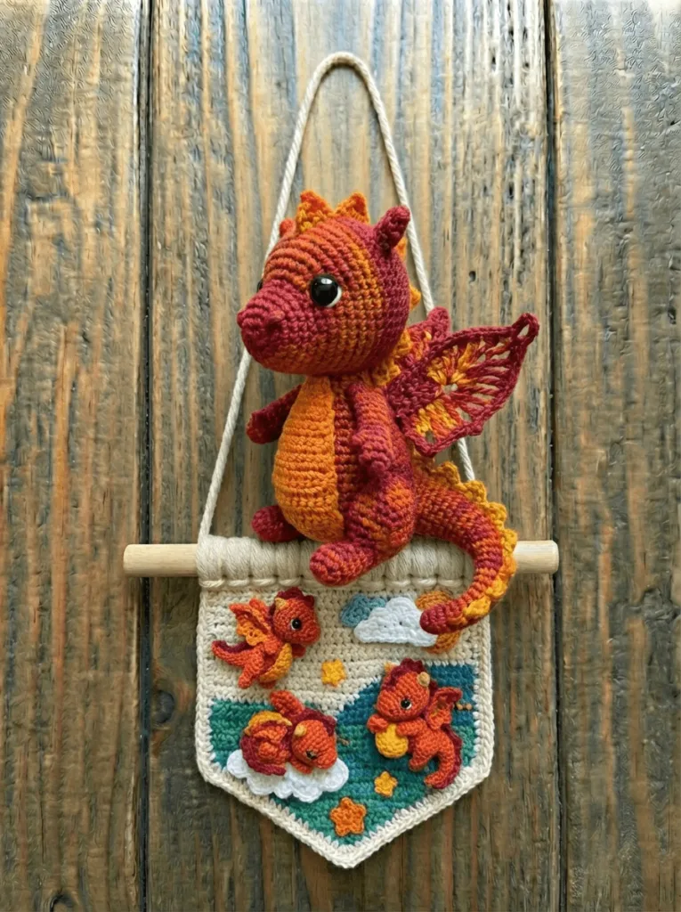Amigurumi crochet fire dragon wall hanging made with vibrant yarn, handmade fiber art