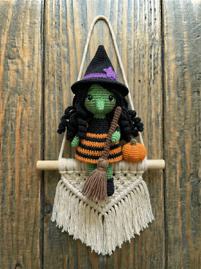 Amigurumi crochet witch wall hanging made with soft yarn, handmade crochet wall decor