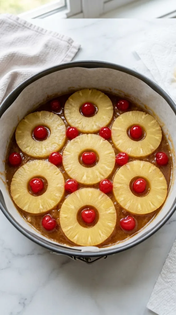 Arranging pineapple rings and cherries for upside down topping