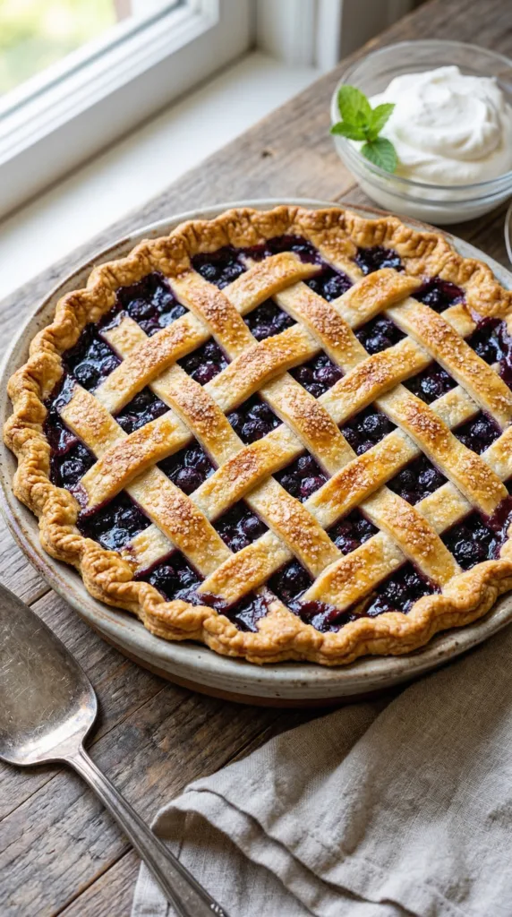 Baked blueberry pie with golden lattice and bubbling center