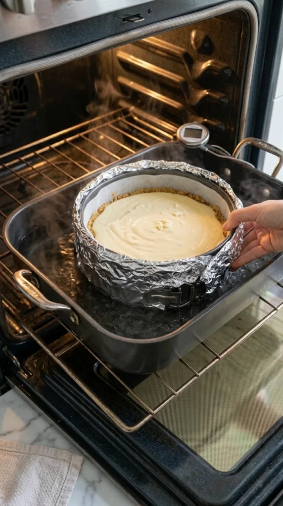 Baked pineapple upside down cheesecake in water bath