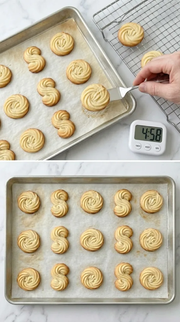 Baked piped butter cookies with golden edges fresh from oven