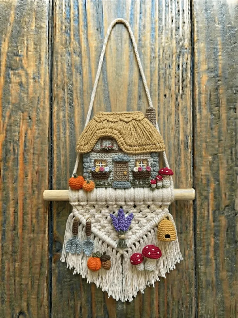 Boho crochet wall hanging cottagecore created with yarn art, decorative wall decor