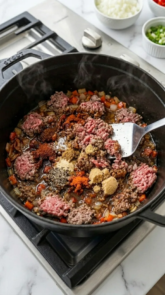 Browning ground beef and blooming spices for rich chili flavor