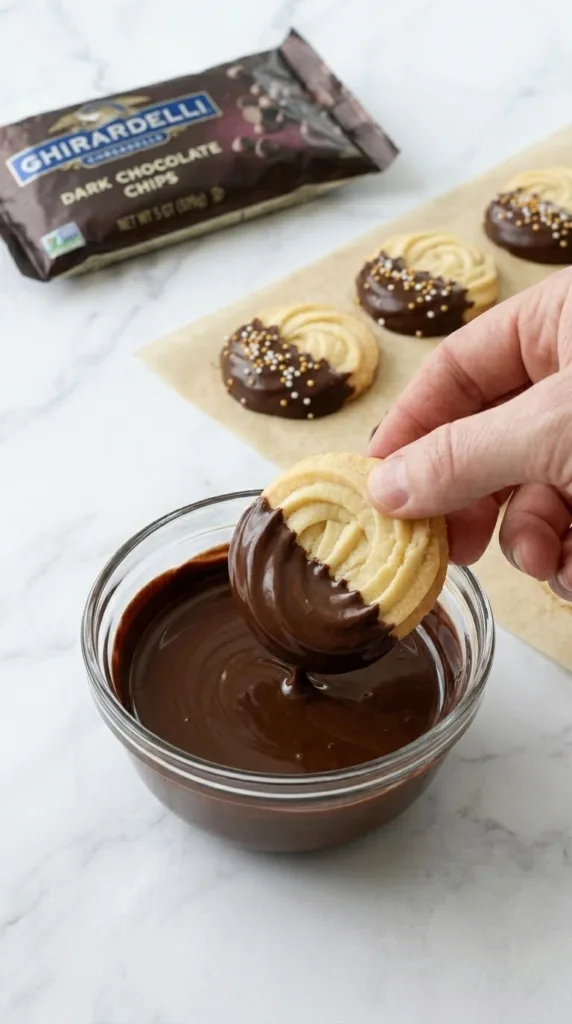 Chocolate-dipped piped butter cookies