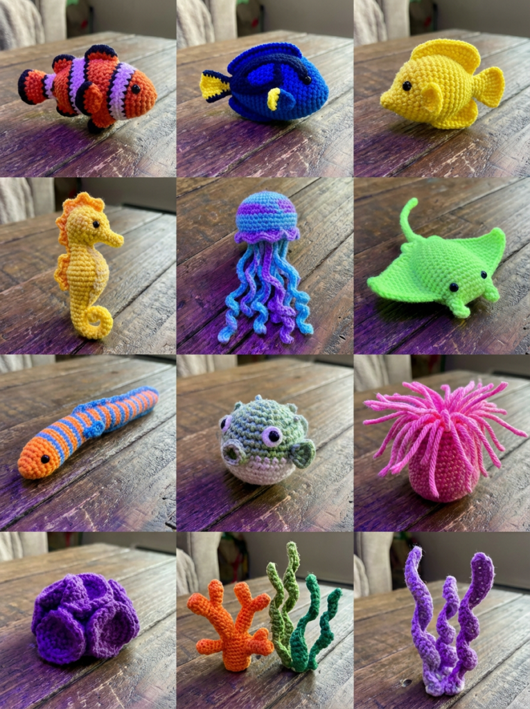 Collage of handmade amigurumi sea creatures including crochet clownfish, blue tang, jellyfish, seahorse, stingray, pufferfish, eel, coral, and sea plants for a DIY crochet aquarium project