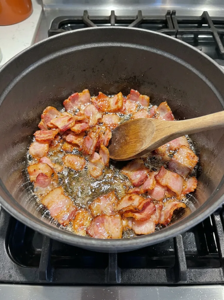 Crisping thick cut bacon in Dutch oven for loaded potato soup base - The Best Loaded Potato Soup: Creamy & Quick