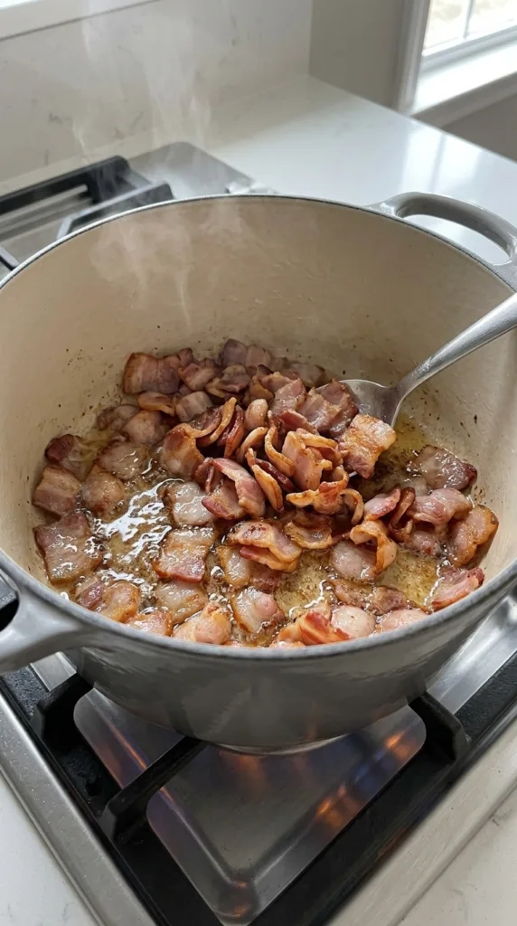 Best Creamy Chicken Corn Chowder 13 Crisping thick-cut bacon in Dutch oven for smoky chicken corn chowder base