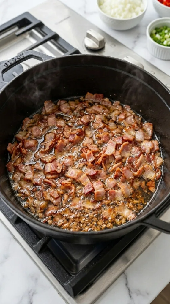 Crisping thick-cut bacon in Dutch oven for smoky chili base