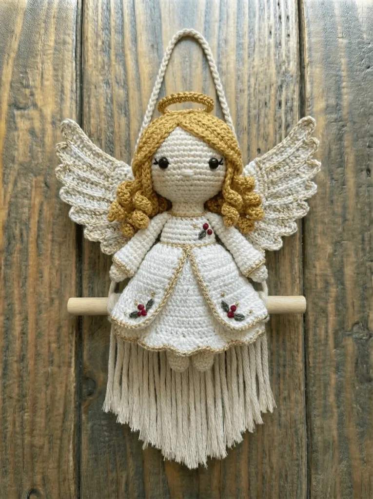 Crochet angel wall hanging handmade with soft yarn, Christmas crochet wall decor and fiber art