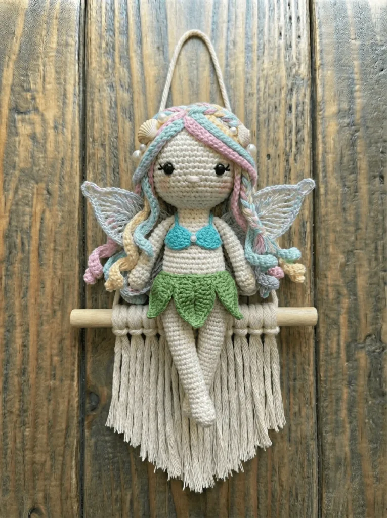 Crochet fairy wall hanging handmade with delicate yarn, whimsical crochet fiber art wall decor