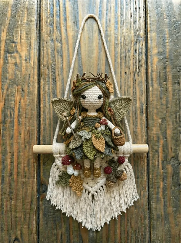 Crochet forest fairy wall hanging handmade with earthy yarn, fantasy crochet fiber art decor