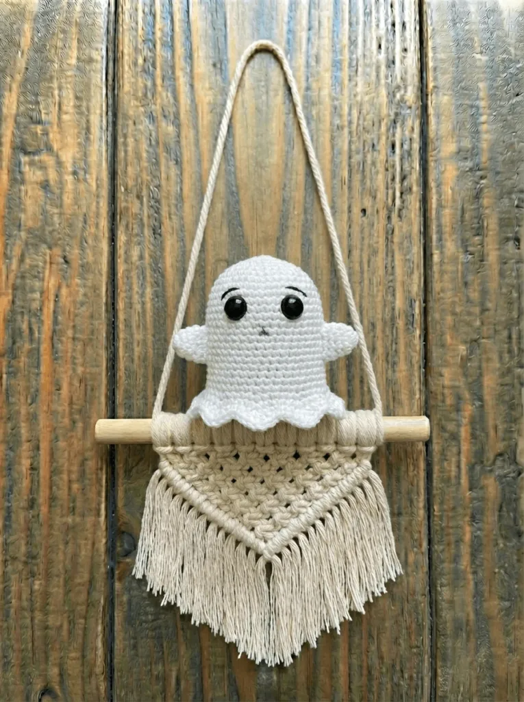 Crochet ghost wall hanging handmade with soft yarn, cute spooky crochet wall decor