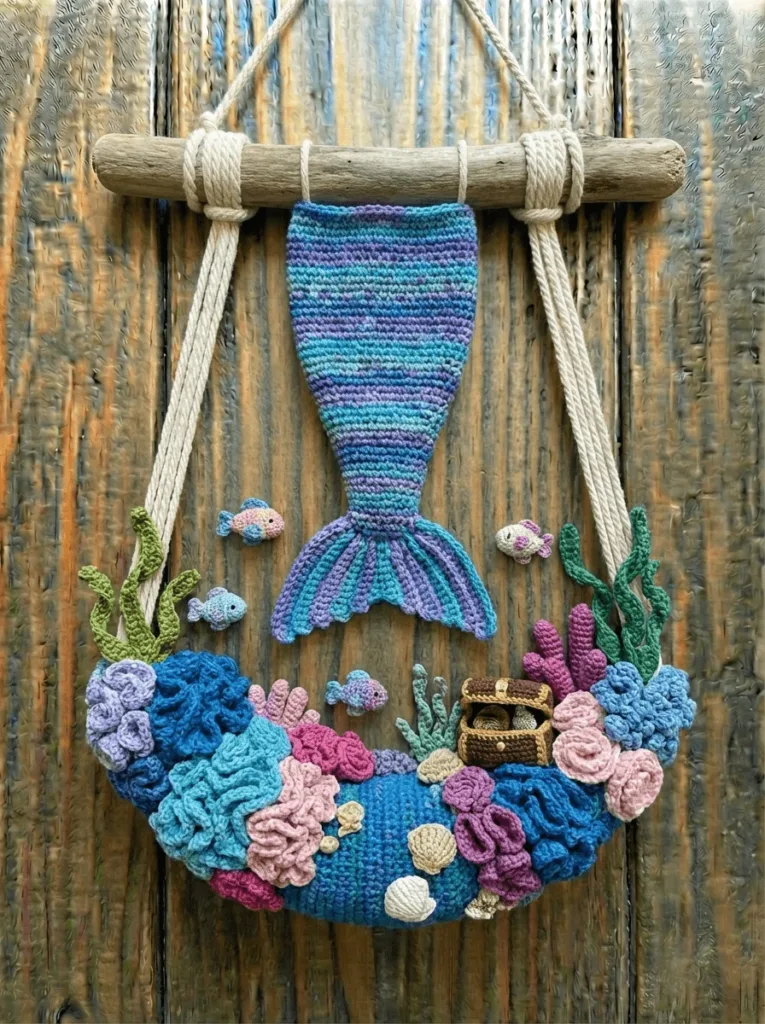 Crochet mermaid lagoon wall hanging handmade with vibrant yarn, ocean crochet wall decor