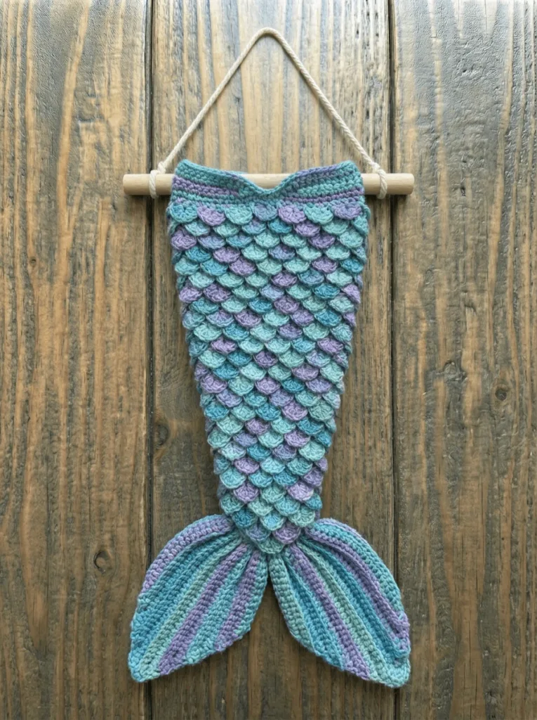 Crochet mermaid tail wall hanging handmade with colorful yarn, ocean themed crochet decor