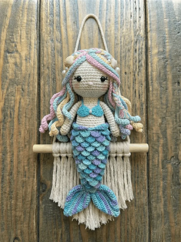 Crochet mermaid wall hanging handmade with soft yarn, ocean themed crochet fiber art wall decor