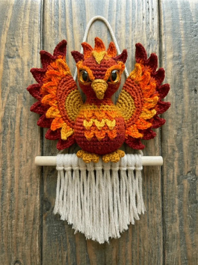 Crochet phoenix wall hanging handmade with vibrant yarn, fantasy crochet fiber art wall decor