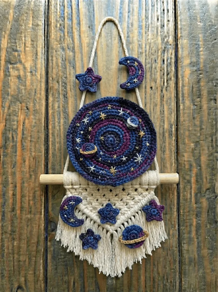 Crochet wall hanging galaxy crafted with textured yarn, modern crochet wall decor