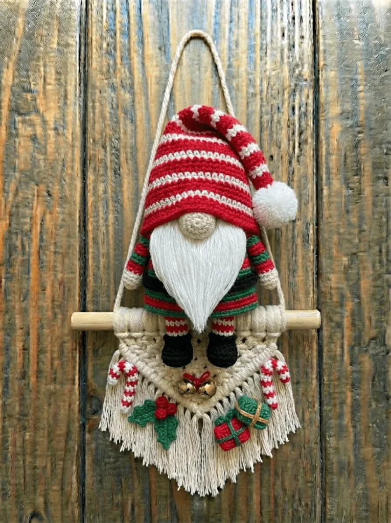 Crochet wall hanging gnome crafted with festive yarn colors, Christmas wall decor